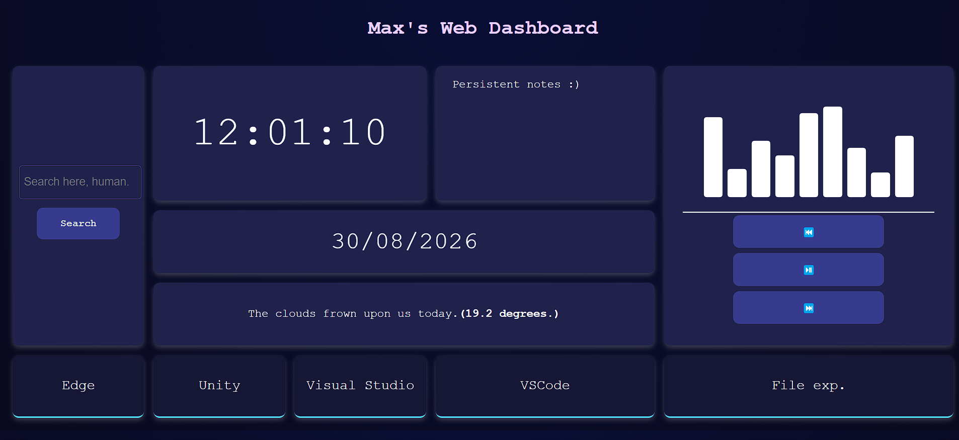 An array of the sections in my dashboard including time and date, a search box, weather, an audio visualiser, and a taskbar.